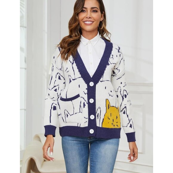 Women's Oversized Cat Cardigan Sweater Knit V-Neck Button Up Casual - Picture 4 of 7